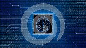 Brain symbol in frame with information connection lines on digital binary code background - symbolic of AI artificial intelligence