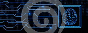 Brain symbol in frame with information connection lines on digital binary code background - symbolic of AI artificial intelligence