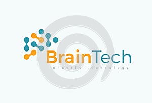 Brain tech logo concept for futuristic science and medical innovate technology. Computer chip icon for digital neural