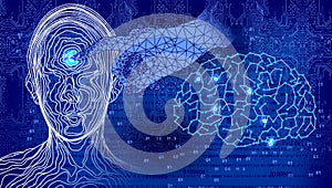 Brain technology point finger to a screen security icon and binary. artificial intelligence.