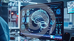 brain testing result on digital interface on laboratory or surgery background