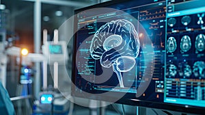 brain testing result on digital interface on laboratory or surgery background