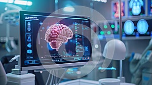 brain testing result on digital interface on laboratory or surgery background