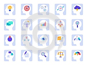 Brain thinking process icons. Business idea, success solution in businessman head and human brains psychology flat icon