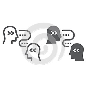 Brain to brain communication line and glyph icon, technology and people, two person communication sign, vector graphics