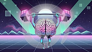 Brain Training Weightlifting Brain in Retro Synthwave Style