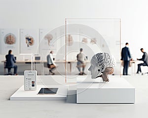 A brain training workshop in a tech-enabled room, individuals using apps and devices to enhance problem-solving skills photo