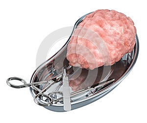 Brain transplant surgery concept. Donor brain in metallic tray w