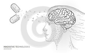 Brain treatment low poly 3D render. Drug nootropic human ability stimulant smart mental health. Medicine cognitive photo