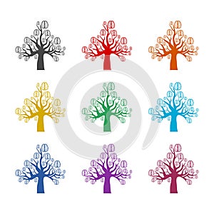 Brain tree icon or logo, color set