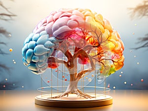 brain in tree shape with gyri highlighted in different colors. mind and emotions in balance