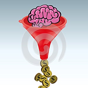 A brain that turns into dollars by passing through a funnel to illustrate an idea that makes money.