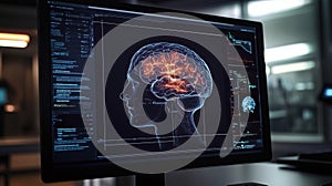 Brain visualization on computer screen, showcasing neural activity and data analysis