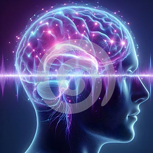 Brain wave on dark background. Meditation, relax, neural network concept.