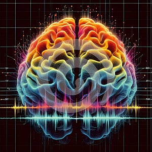 Brain wave on dark background. Meditation, relax, neural network concept. Limbic system and human brain anatomy. Digital science