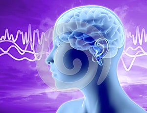 Brain waves illustration with woman head profile, thinking and concentration concept 3D illustration.