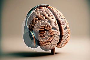 A brain wearing headphones, representing the power of music to stimulate and activate cognitive function, generative ai
