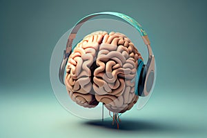 A brain wearing headphones, representing the power of music to stimulate and activate cognitive function, generative ai
