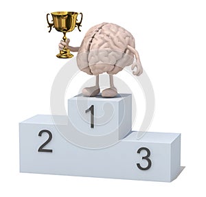 Brain with winner cup on sports victory podium