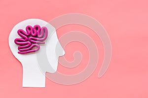 Brain work and studying. Plastiline meanders in head on pink background top view copy space