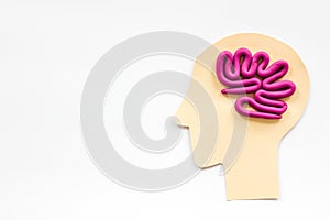 Brain work and studying. Plastiline meanders in head on white background top view copy space