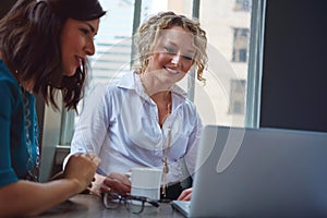 The brains behind a successful business. two businesswomen using a laptop together in an office.