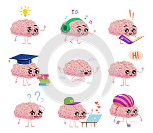 Brains character read books, listen music, ride roller and meditation in clouds. Creative ideas and education vector