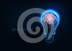 Brainstorm concept with futuristic glowing low polygonal light bulb and human brain