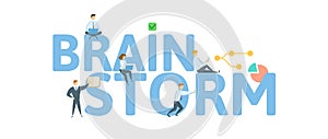 BRAINSTORM. Concept with people, letters and icons. Flat vector illustration. Isolated on white background.
