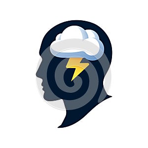 Brainstorm concept. Silhouette of a head with a cloud and lightning. Vector illustration