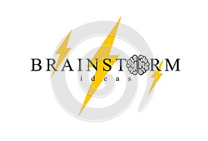 Brainstorm concept vector logo or icon, human brain and lightning bolt simple symbol.