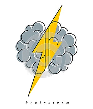 Brainstorm concept vector logo or icon, human brain and lightning bolt simple symbol.