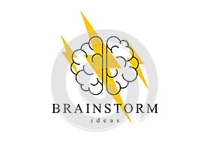 Brainstorm concept vector logo or icon, human brain and lightning bolt simple symbol.