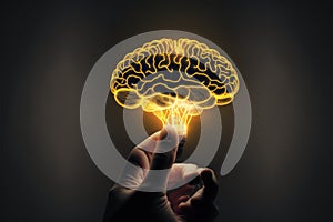 Brainstorm, creative idea and business success concept with digital glowing yellow human brain in man hand. Generative AI