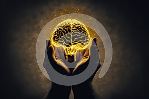 Brainstorm, creative idea and business success concept with digital glowing yellow human brain in man hand. Generative AI