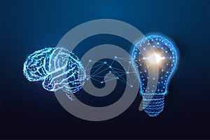 Brainstorm, idea, solution futuristic concept with brain and light bulb on dark blue background