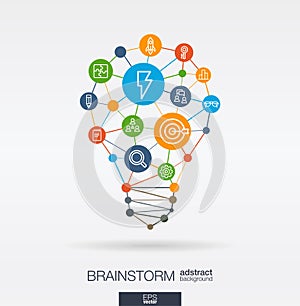 Brainstorm integrated thin line icons in idea light bulb shape. Digital neural network interact concept. Idea, solution