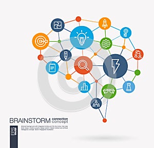 Brainstorm, light bulb, imagination, team work integrated business vector icons. Digital mesh smart brain idea
