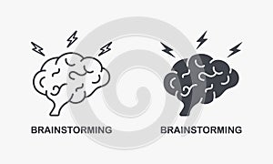 Brainstorm Silhouette and Line Icon Set. Think about Creative Idea Pictogram. Human Brain with Lightning, Brainstorming