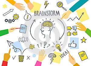 Brainstorm and teamwork banner with people`s hands and doodle symbols set