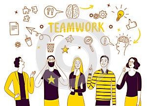 Brainstorm and teamwork doodle illustration with people