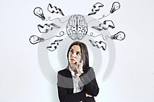 Brainstorm and thinking concept with pensive businesswoman in black suit on white wall background with handwritten sketch of brain
