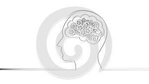 Brainstorming. Brain creating new ideas, concept of cogs, gears spinning animation at white background. Alpha channel