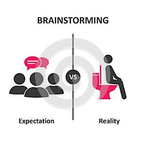 Brainstorming concept. Expectation vs Reality. Conference, discussion vs diarrhea. Vector
