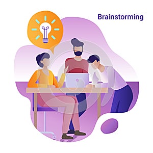 Brainstorming concept. The Flat vector illustration for a banner. Group of people holds a working discussion.