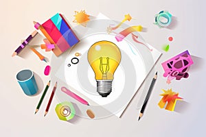 Brainstorming concept with a light bulb and school supplies AI generated