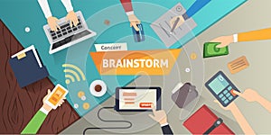 Brainstorming creative team concept in flat style. business people collection. Hands with bussines gadgets illustration