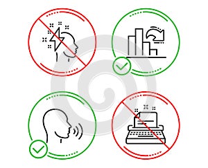 Brainstorming, Decreasing graph and Human sing icons set. Typewriter sign. Lightning bolt, Column chart, Talk. Vector