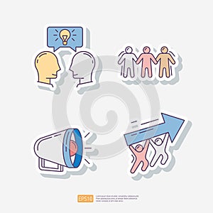 Brainstorming discussion idea, partner and teamwork, announce speaker megaphone, business arrow teamwork success. sticker icon set