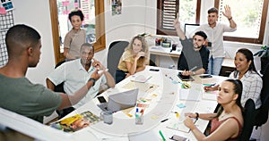 Brainstorming, presentation and team in meeting in office boardroom for creative planning. Collaboration, diversity and